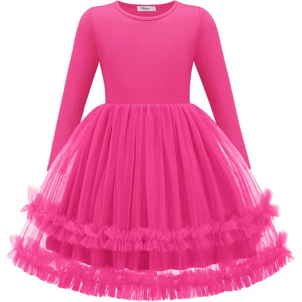 imageArshiner Girls Tutu Dresses Toddler Fall Winter Long Sleeve Fluffy Tulle Party Dress for Kids 38YHot Pink