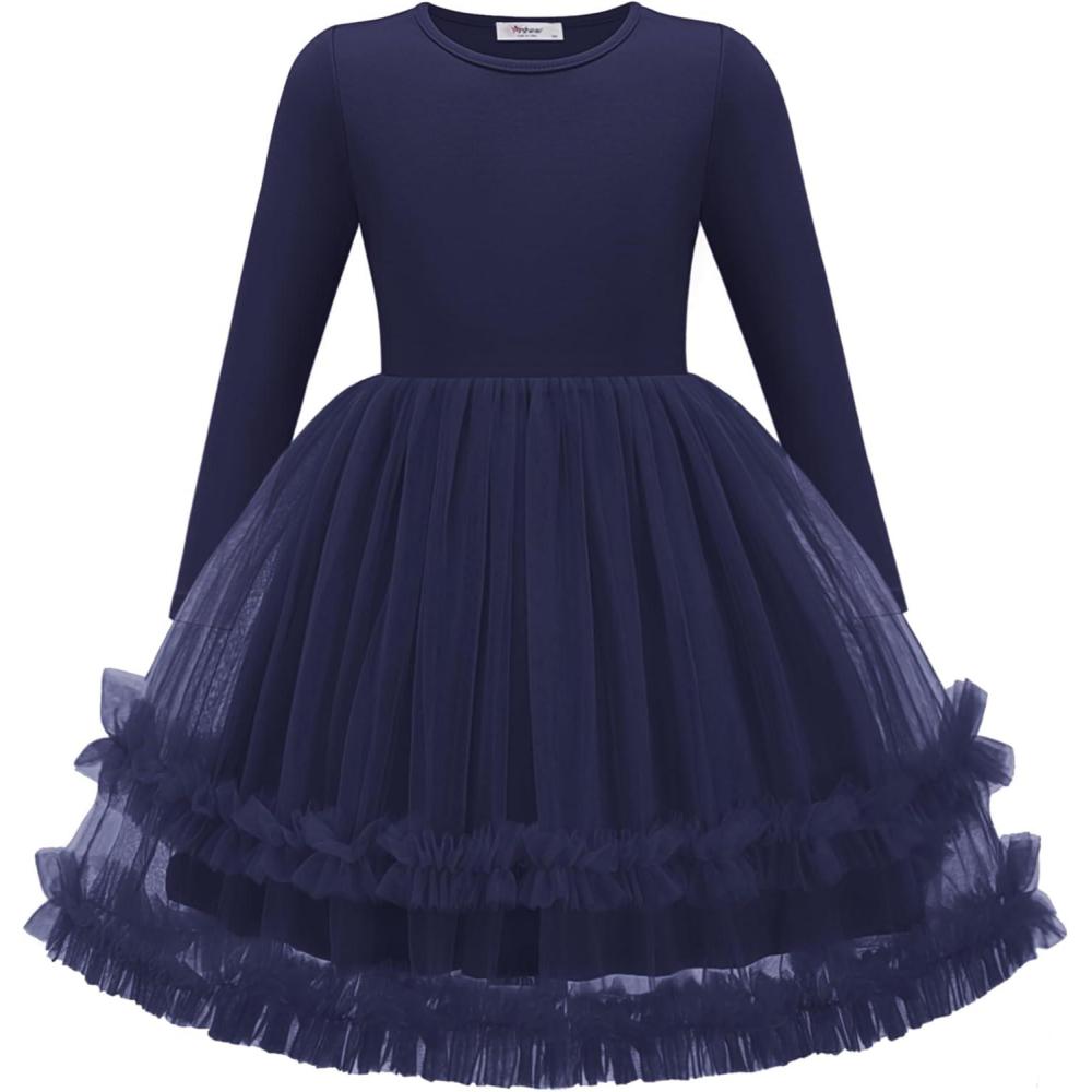 imageArshiner Girls Tutu Dresses Toddler Fall Winter Long Sleeve Fluffy Tulle Party Dress for Kids 38YNavy Blue
