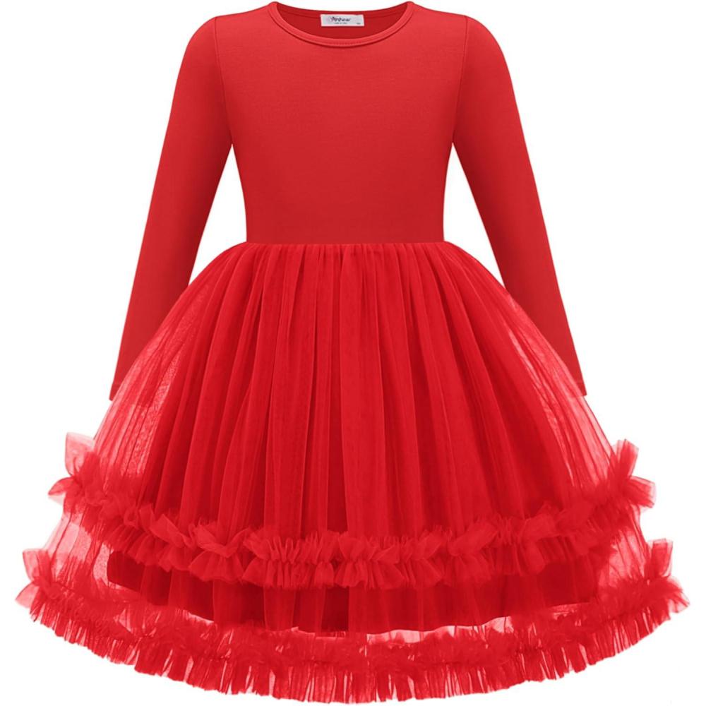 imageArshiner Girls Tutu Dresses Toddler Fall Winter Long Sleeve Fluffy Tulle Party Dress for Kids 38YRed