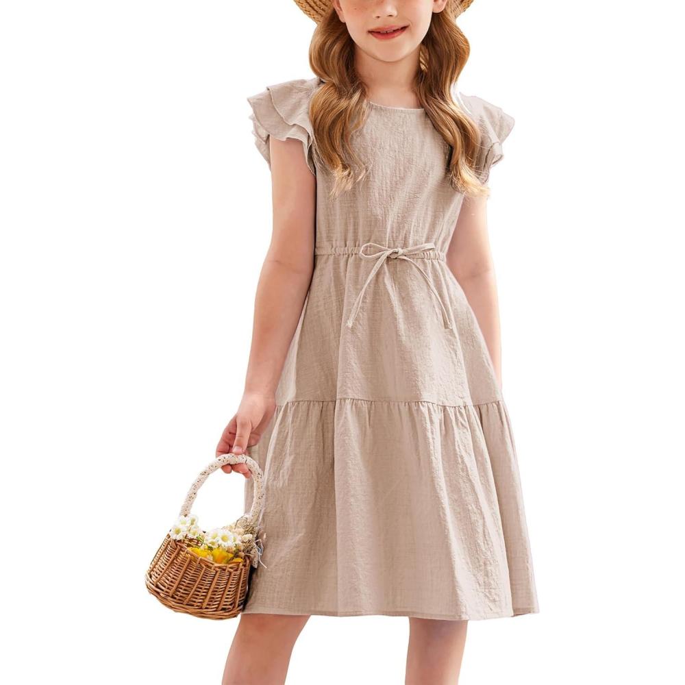 imageArshiner Toddler Cotton Linen Dress Summer Casual Party DoubleRuffle Sleeves Dresses 26YBeige