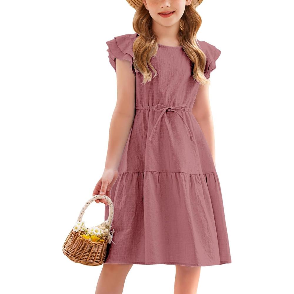 imageArshiner Toddler Cotton Linen Dress Summer Casual Party DoubleRuffle Sleeves Dresses 26YGray Purple