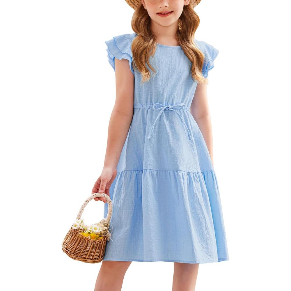 imageArshiner Toddler Cotton Linen Dress Summer Casual Party DoubleRuffle Sleeves Dresses 26YLight Bule