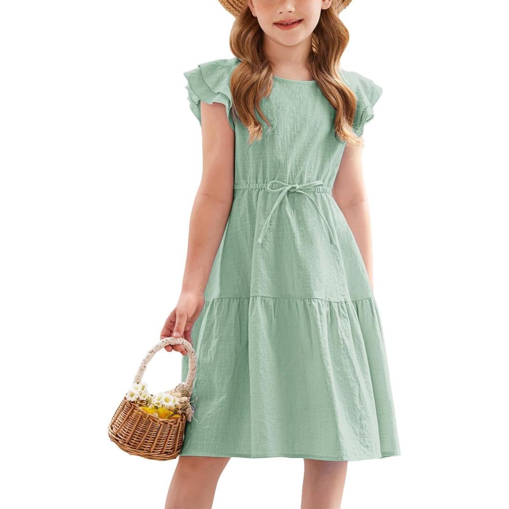 imageArshiner Toddler Cotton Linen Dress Summer Casual Party DoubleRuffle Sleeves Dresses 26YLight Green