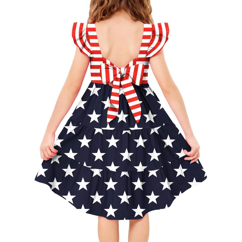 imageArshiner Toddler Dress Little Girls Summer Cotton Backless High Low Hem Beach Casual Sundress with PocketsFlag Stars