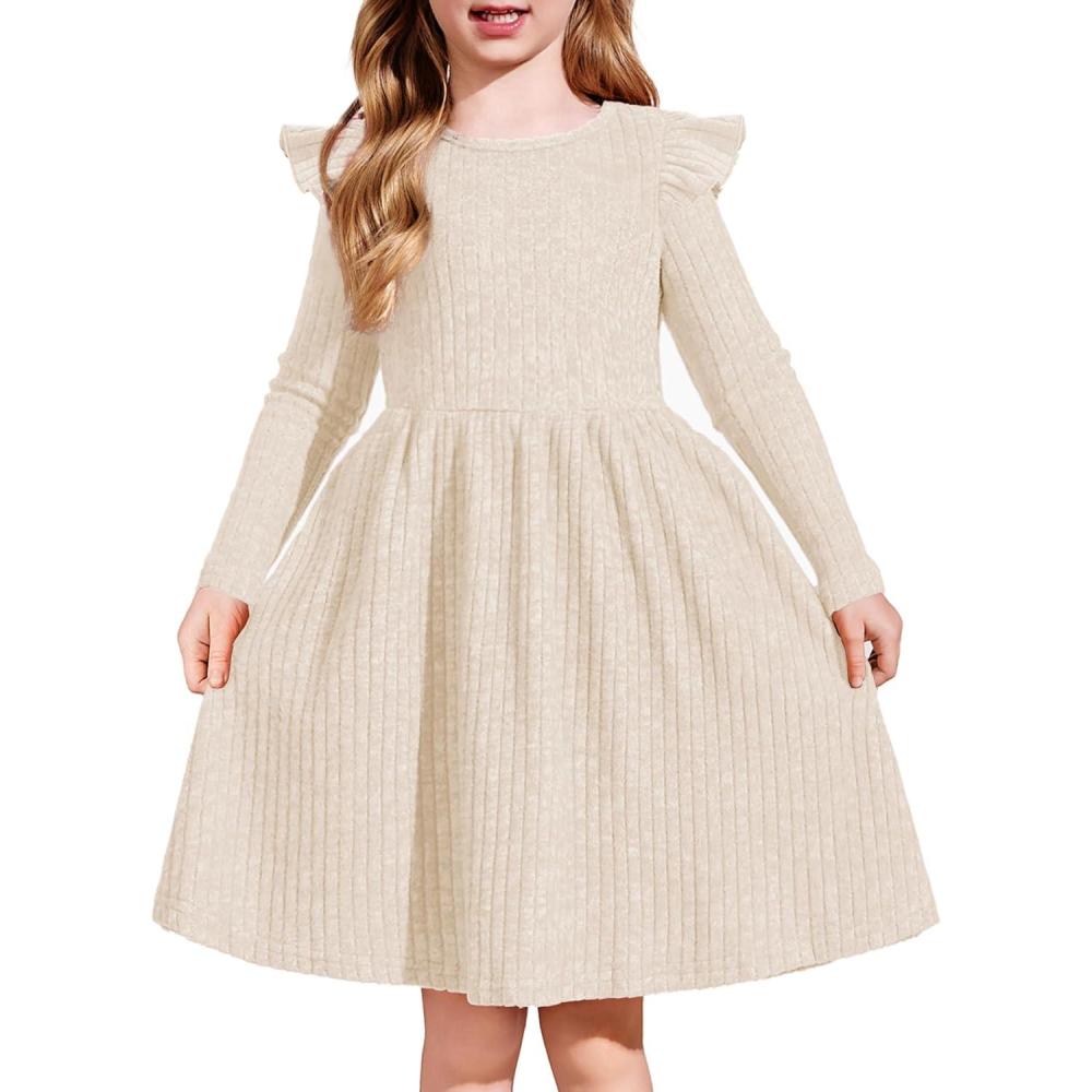 imageArshiner Toddler Girl Dress Baby Girls Knitted Ruffle Sleeve Pocket Dresses ALine Flared Fall Winter Clothes for 28 YearsBeige