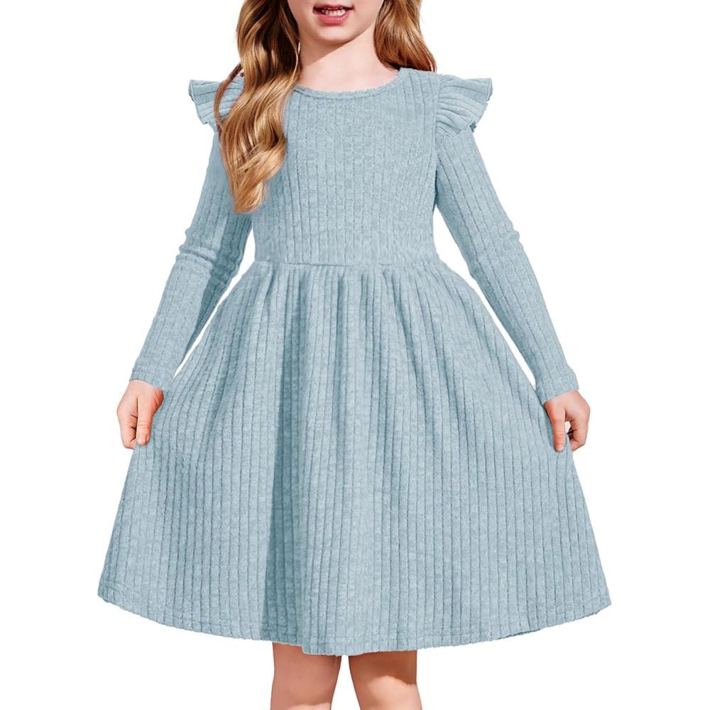 imageArshiner Toddler Girl Dress Baby Girls Knitted Ruffle Sleeve Pocket Dresses ALine Flared Fall Winter Clothes for 28 YearsLight Blue