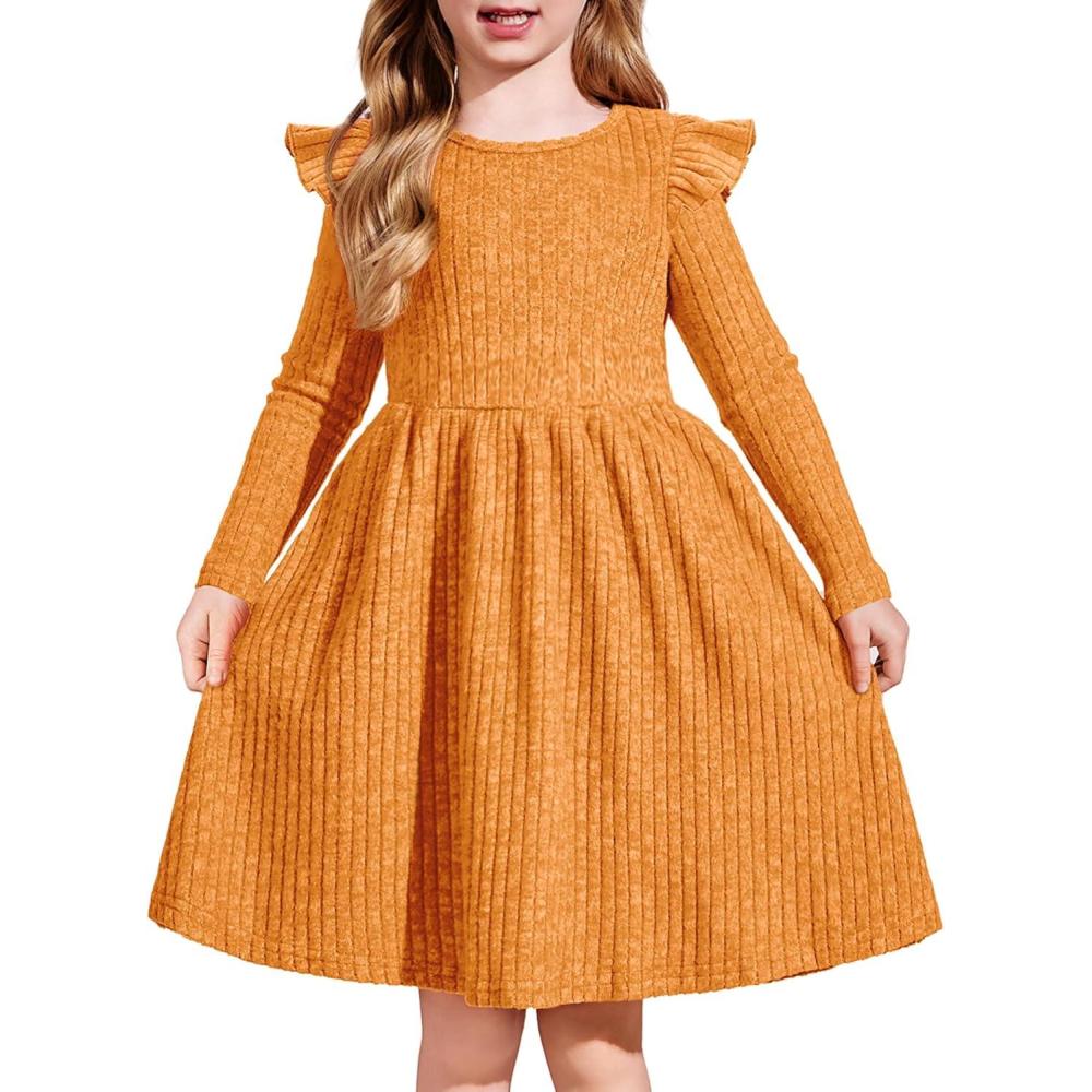imageArshiner Toddler Girl Dress Baby Girls Knitted Ruffle Sleeve Pocket Dresses ALine Flared Fall Winter Clothes for 28 YearsOrange