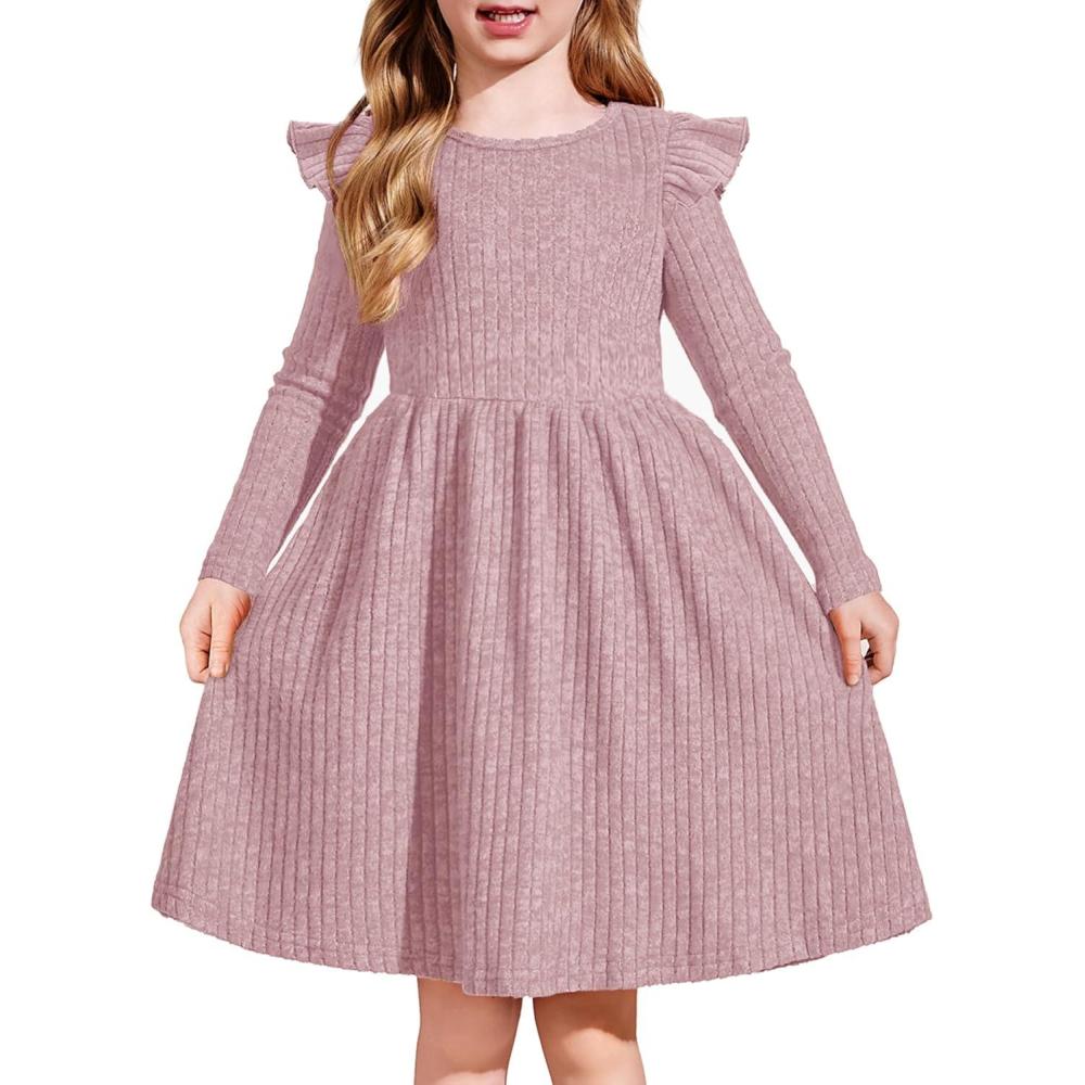 imageArshiner Toddler Girl Dress Baby Girls Knitted Ruffle Sleeve Pocket Dresses ALine Flared Fall Winter Clothes for 28 YearsPink
