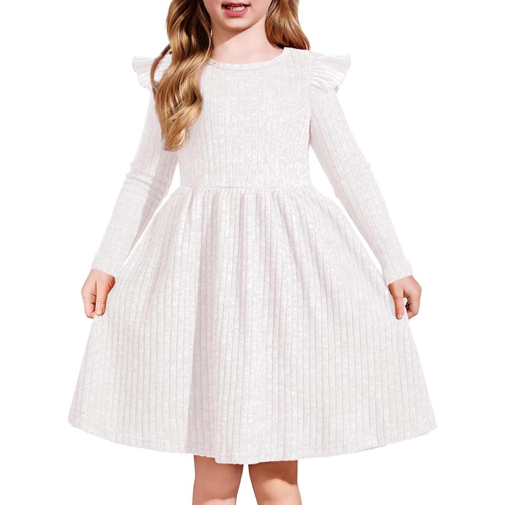 imageArshiner Toddler Girl Dress Baby Girls Knitted Ruffle Sleeve Pocket Dresses ALine Flared Fall Winter Clothes for 28 YearsWhite