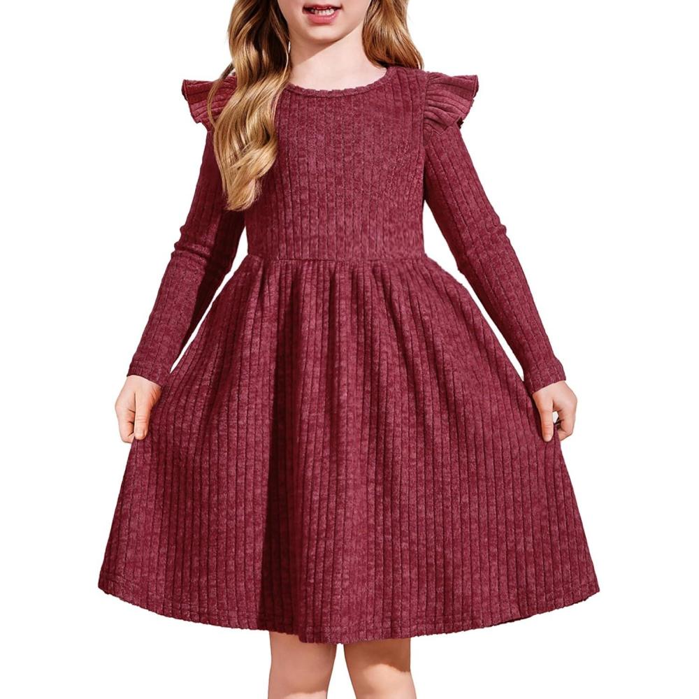 imageArshiner Toddler Girl Dress Baby Girls Knitted Ruffle Sleeve Pocket Dresses ALine Flared Fall Winter Clothes for 28 YearsWine Red