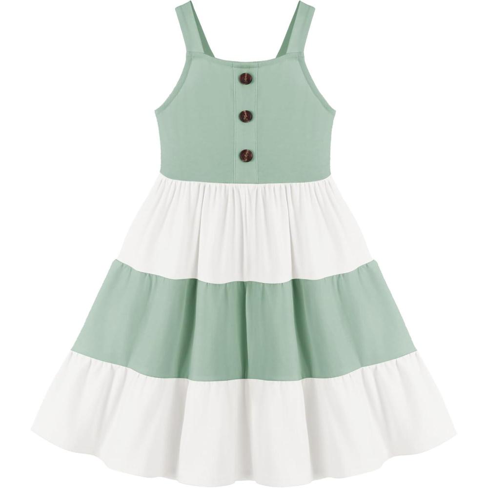 imageArshiner Toddler Girl Summer Dresses Casual Sleeveless Button Down Swing Flowy Tiered Midi Sundress with PocketsGreen Color Block