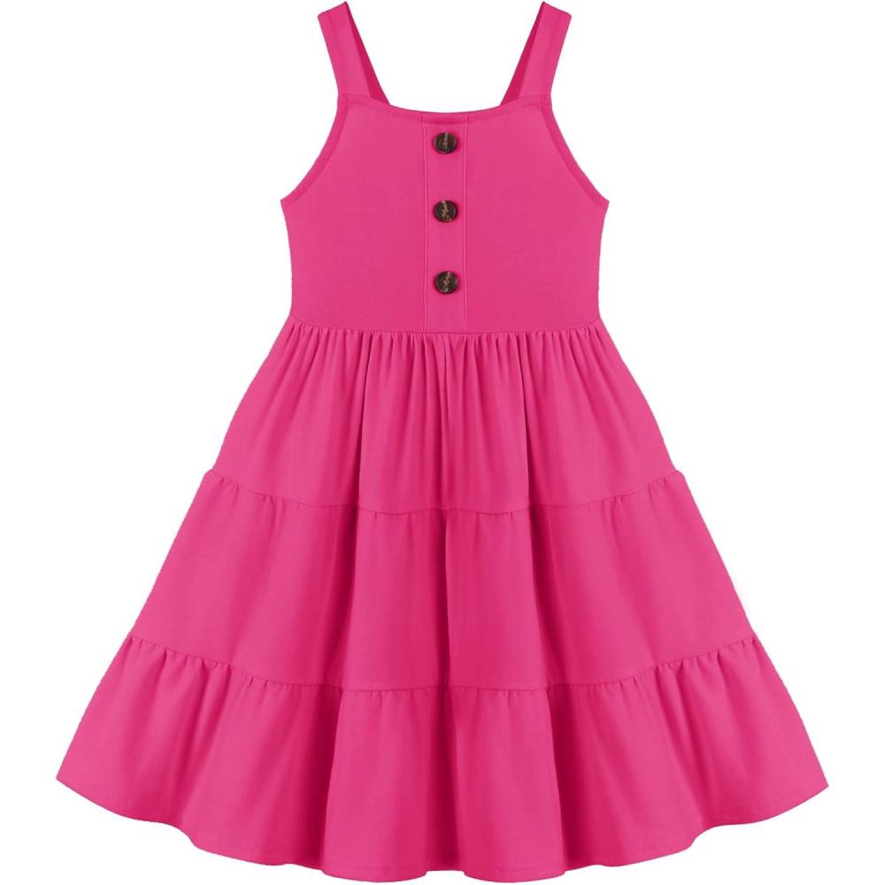 imageArshiner Toddler Girl Summer Dresses Casual Sleeveless Button Down Swing Flowy Tiered Midi Sundress with PocketsHot Pink