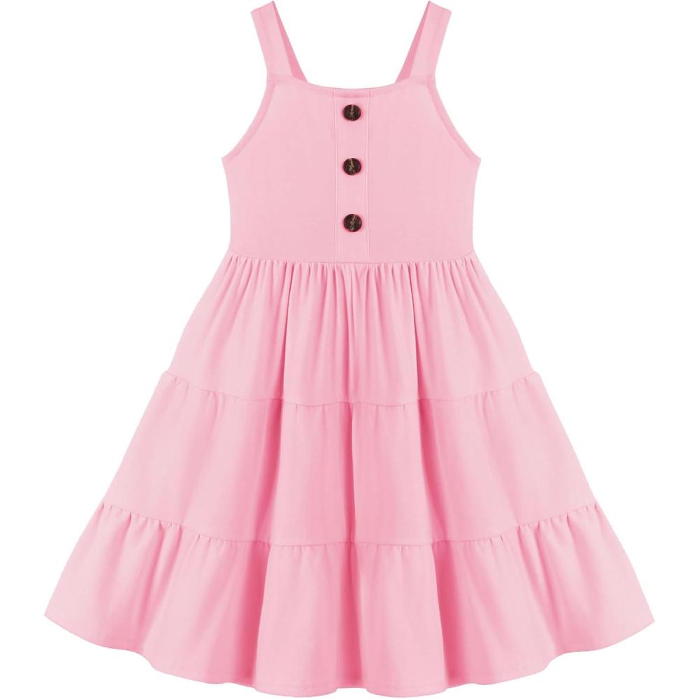 imageArshiner Toddler Girl Summer Dresses Casual Sleeveless Button Down Swing Flowy Tiered Midi Sundress with PocketsPink