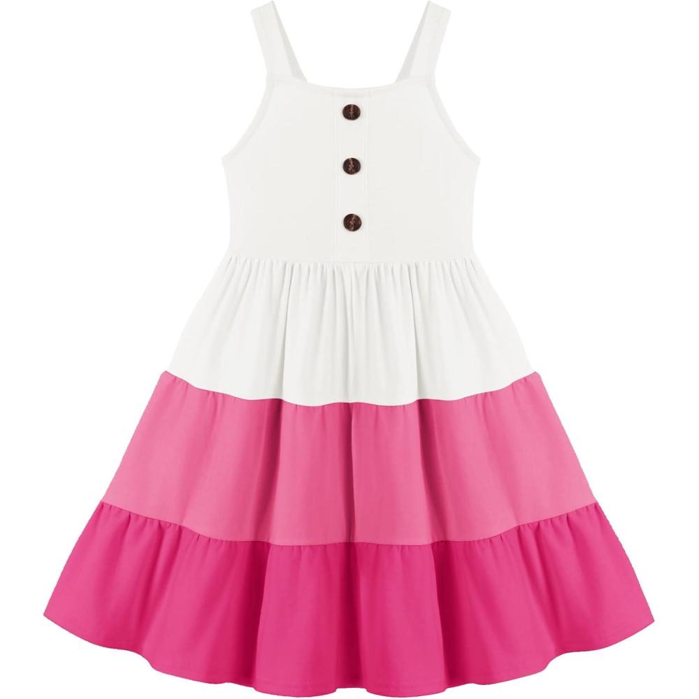 imageArshiner Toddler Girl Summer Dresses Casual Sleeveless Button Down Swing Flowy Tiered Midi Sundress with PocketsPink Color Block