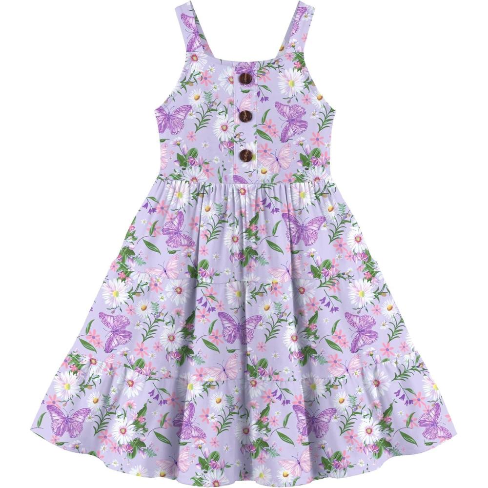 imageArshiner Toddler Girl Summer Dresses Casual Sleeveless Button Down Swing Flowy Tiered Midi Sundress with PocketsPurple Butterfly