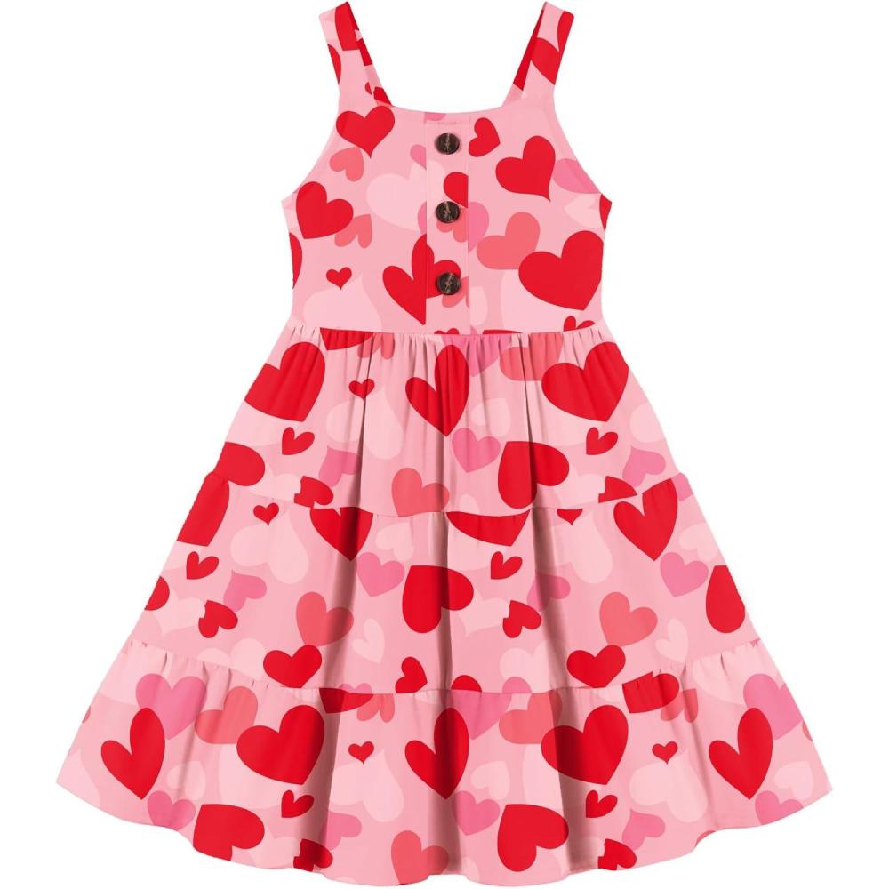 imageArshiner Toddler Girl Summer Dresses Casual Sleeveless Button Down Swing Flowy Tiered Midi Sundress with PocketsRed Heart