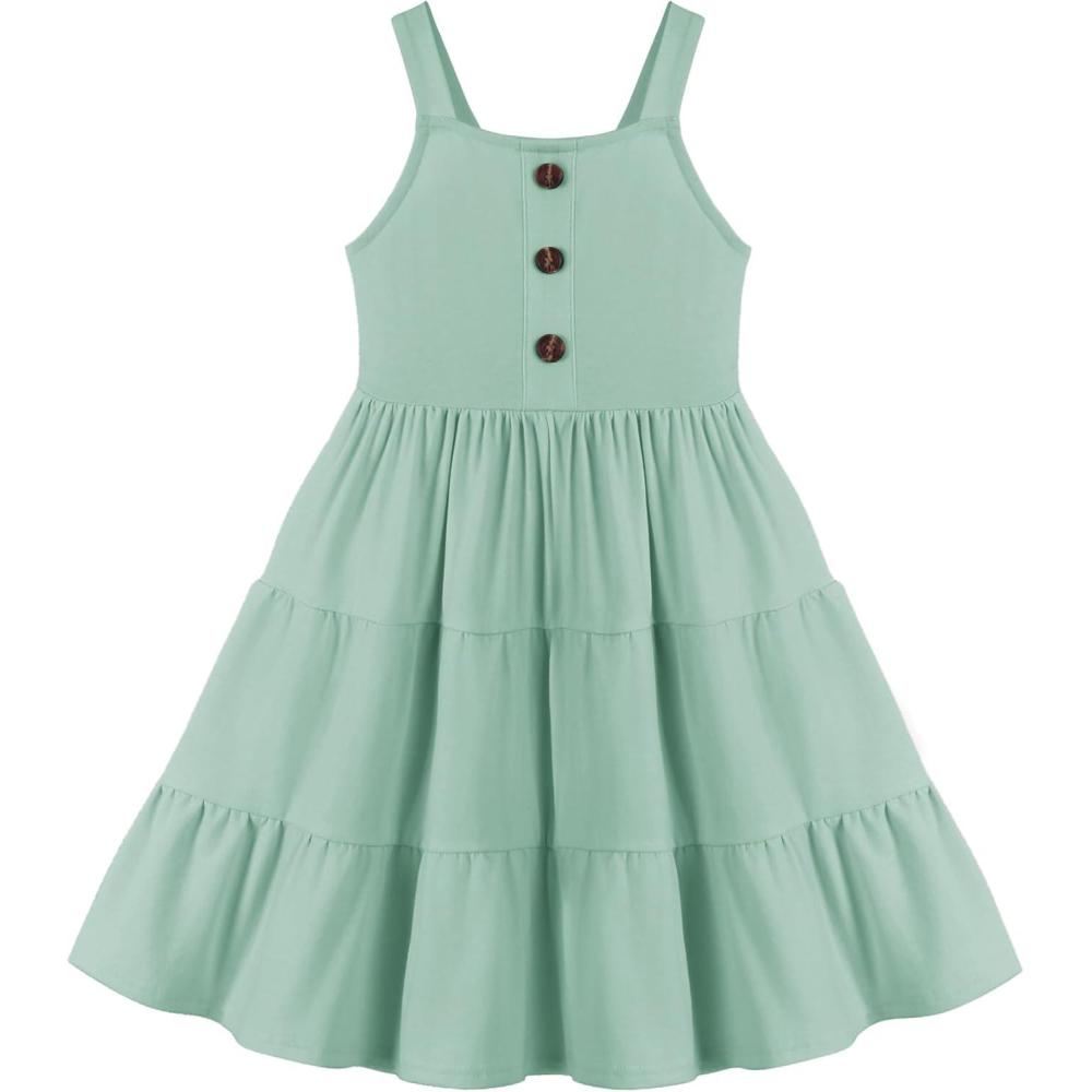 imageArshiner Toddler Girl Summer Dresses Casual Sleeveless Button Down Swing Flowy Tiered Midi Sundress with PocketsSage Green