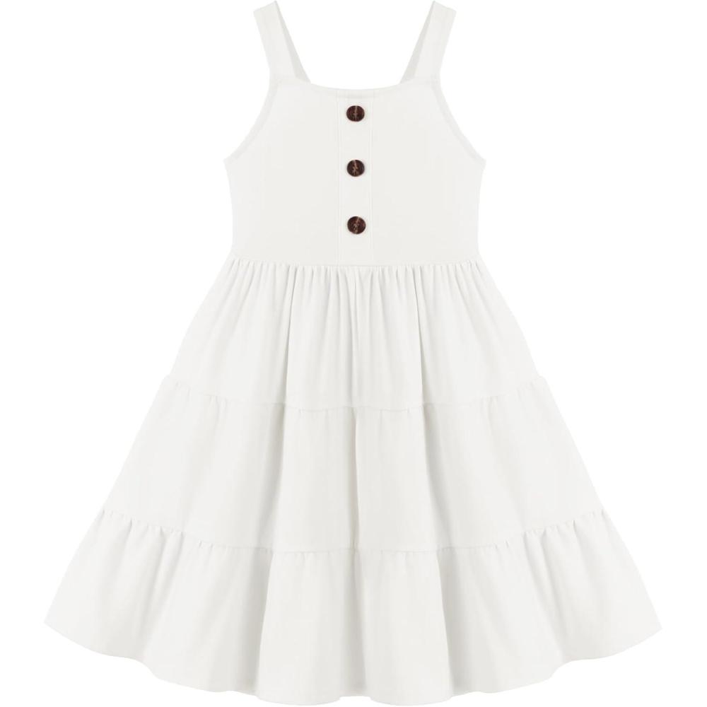 imageArshiner Toddler Girl Summer Dresses Casual Sleeveless Button Down Swing Flowy Tiered Midi Sundress with PocketsWhite