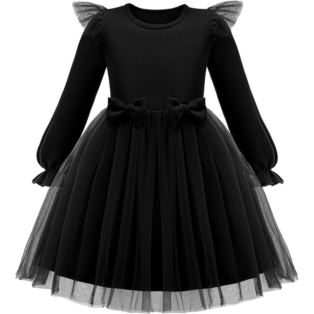 imageArshiner Toddler Girls Tulle Dresses with Bow Tie Fall Winter Long Sleeve Formal Party Dress 17 YBlack