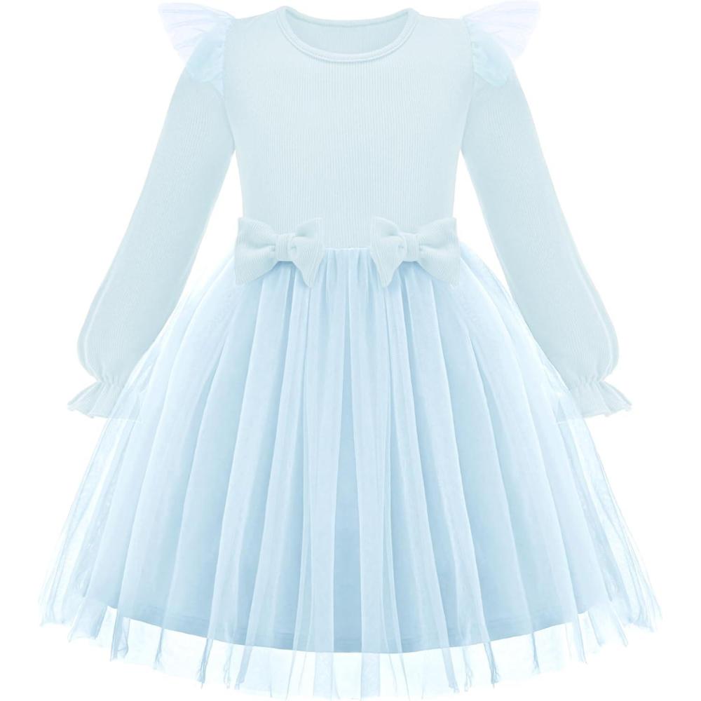imageArshiner Toddler Girls Tulle Dresses with Bow Tie Fall Winter Long Sleeve Formal Party Dress 17 YBlue