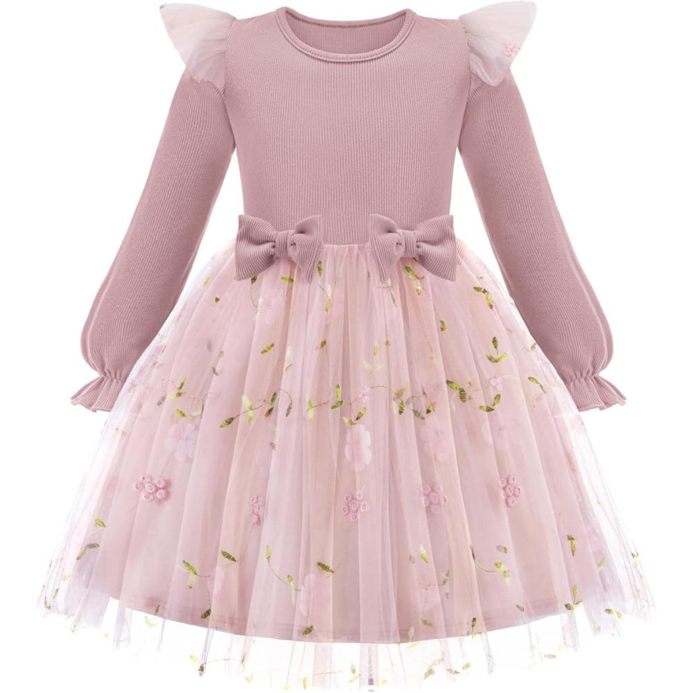 imageArshiner Toddler Girls Tulle Dresses with Bow Tie Fall Winter Long Sleeve Formal Party Dress 17 YDaisy Flowers