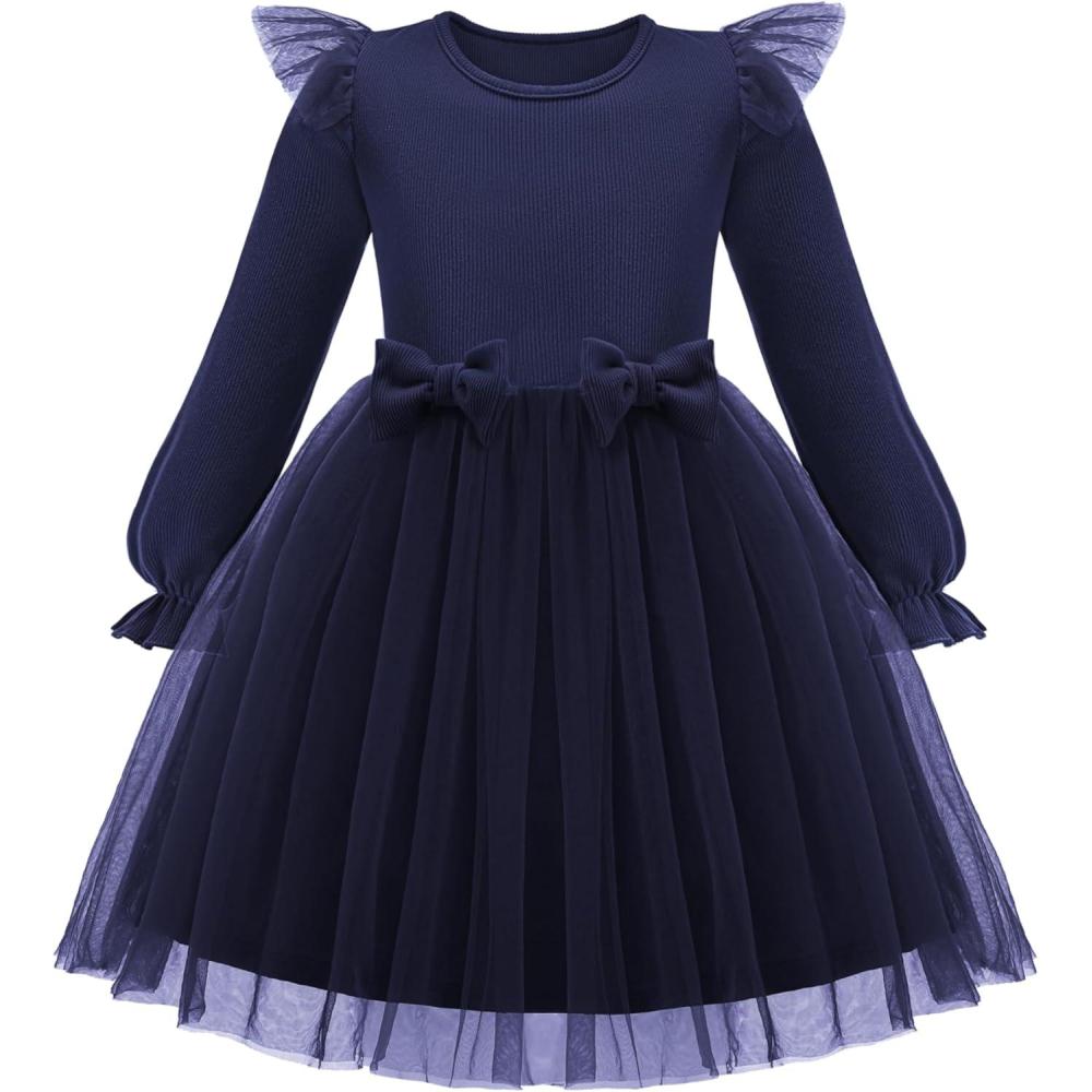 imageArshiner Toddler Girls Tulle Dresses with Bow Tie Fall Winter Long Sleeve Formal Party Dress 17 YNavy Blue