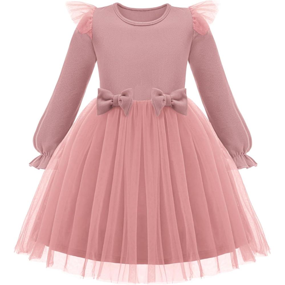 imageArshiner Toddler Girls Tulle Dresses with Bow Tie Fall Winter Long Sleeve Formal Party Dress 17 YPink