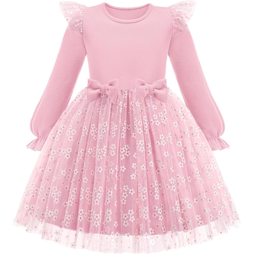 imageArshiner Toddler Girls Tulle Dresses with Bow Tie Fall Winter Long Sleeve Formal Party Dress 17 YPink Daisy