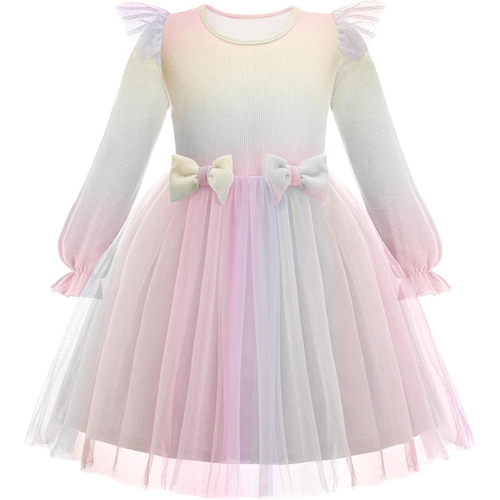 imageArshiner Toddler Girls Tulle Dresses with Bow Tie Fall Winter Long Sleeve Formal Party Dress 17 YRainbow Pink