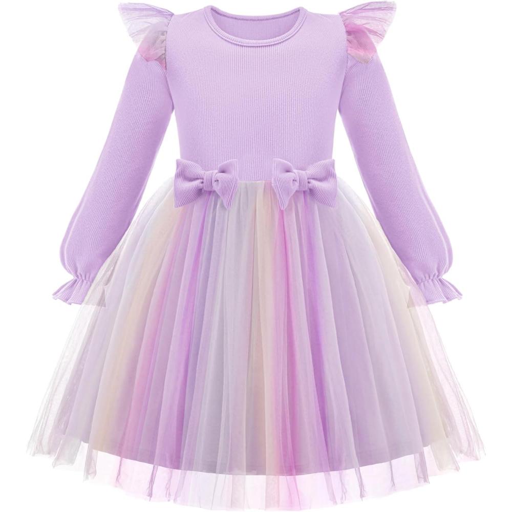 imageArshiner Toddler Girls Tulle Dresses with Bow Tie Fall Winter Long Sleeve Formal Party Dress 17 YRainbow Purple