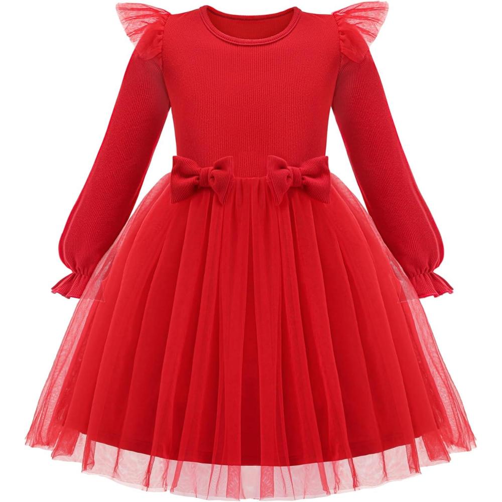 imageArshiner Toddler Girls Tulle Dresses with Bow Tie Fall Winter Long Sleeve Formal Party Dress 17 YRed