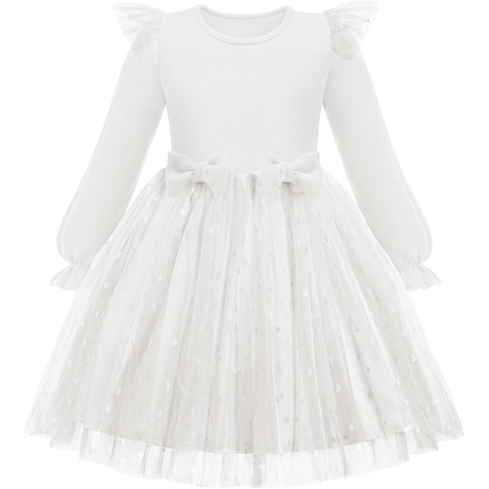 imageArshiner Toddler Girls Tulle Dresses with Bow Tie Fall Winter Long Sleeve Formal Party Dress 17 YWhite Heart