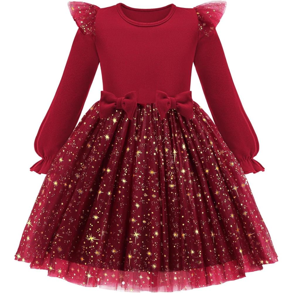 imageArshiner Toddler Girls Tulle Dresses with Bow Tie Fall Winter Long Sleeve Formal Party Dress 17 YWine Red Star