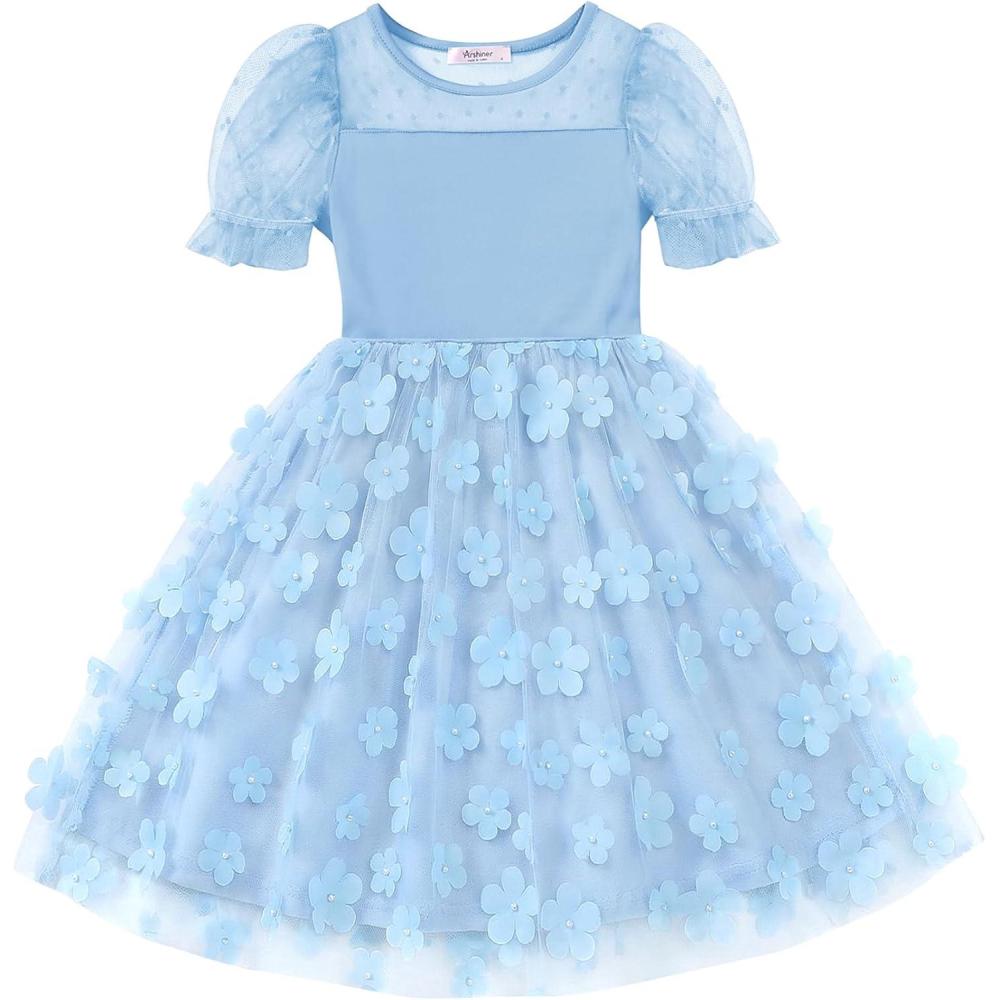 imageArshiner Toddler Girls Tulle Summer Puff Sleeve Baby Girls Tutu Princess Party Casual Dress 26YBlue Flower