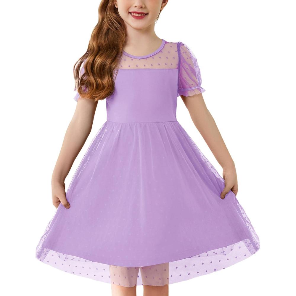 imageArshiner Toddler Girls Tulle Summer Puff Sleeve Baby Girls Tutu Princess Party Casual Dress 26YLilac