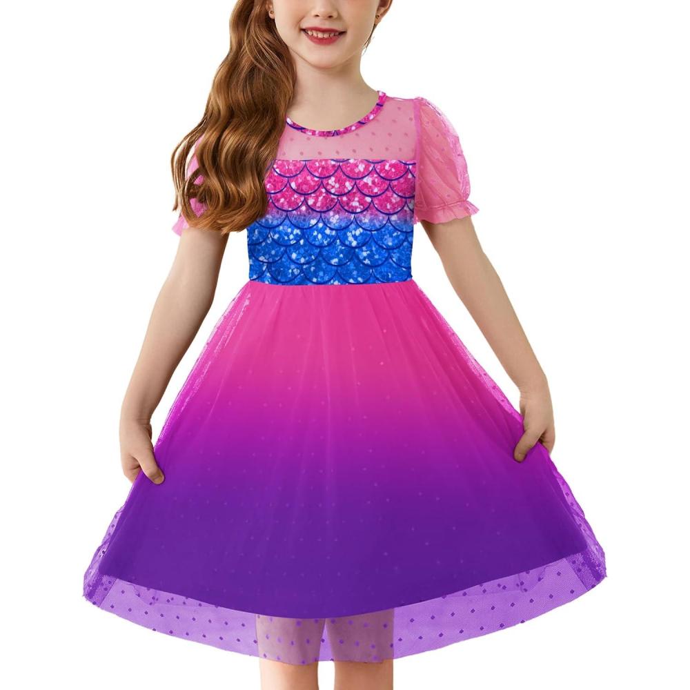 imageArshiner Toddler Girls Tulle Summer Puff Sleeve Baby Girls Tutu Princess Party Casual Dress 26YMermaid Gradient