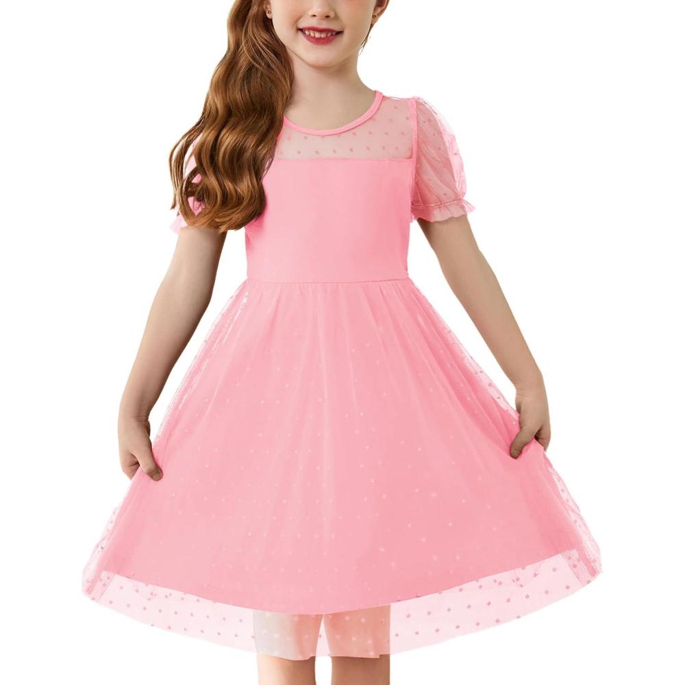 imageArshiner Toddler Girls Tulle Summer Puff Sleeve Baby Girls Tutu Princess Party Casual Dress 26YPink