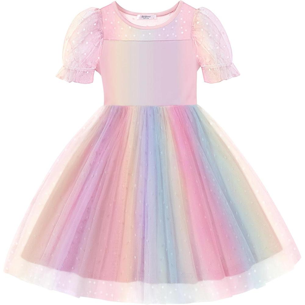 imageArshiner Toddler Girls Tulle Summer Puff Sleeve Baby Girls Tutu Princess Party Casual Dress 26YRainbow