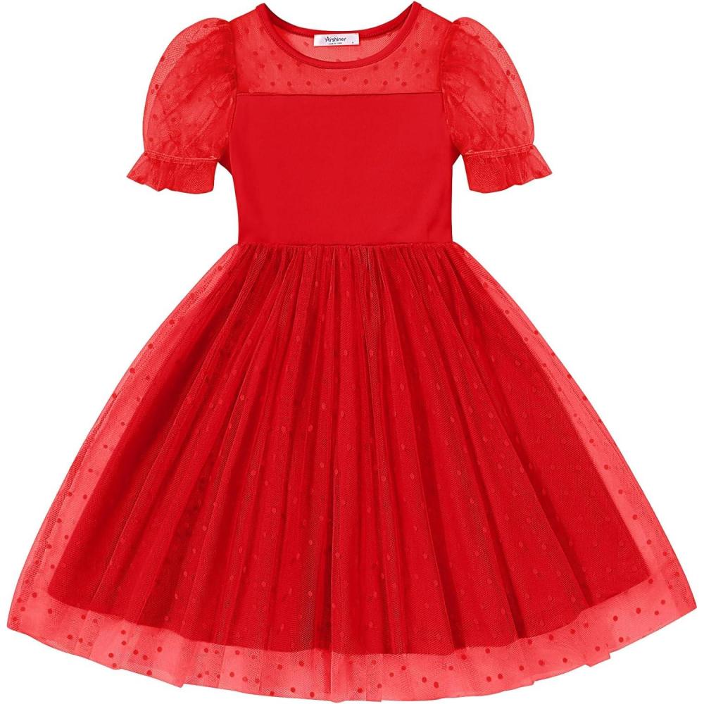 imageArshiner Toddler Girls Tulle Summer Puff Sleeve Baby Girls Tutu Princess Party Casual Dress 26YRed