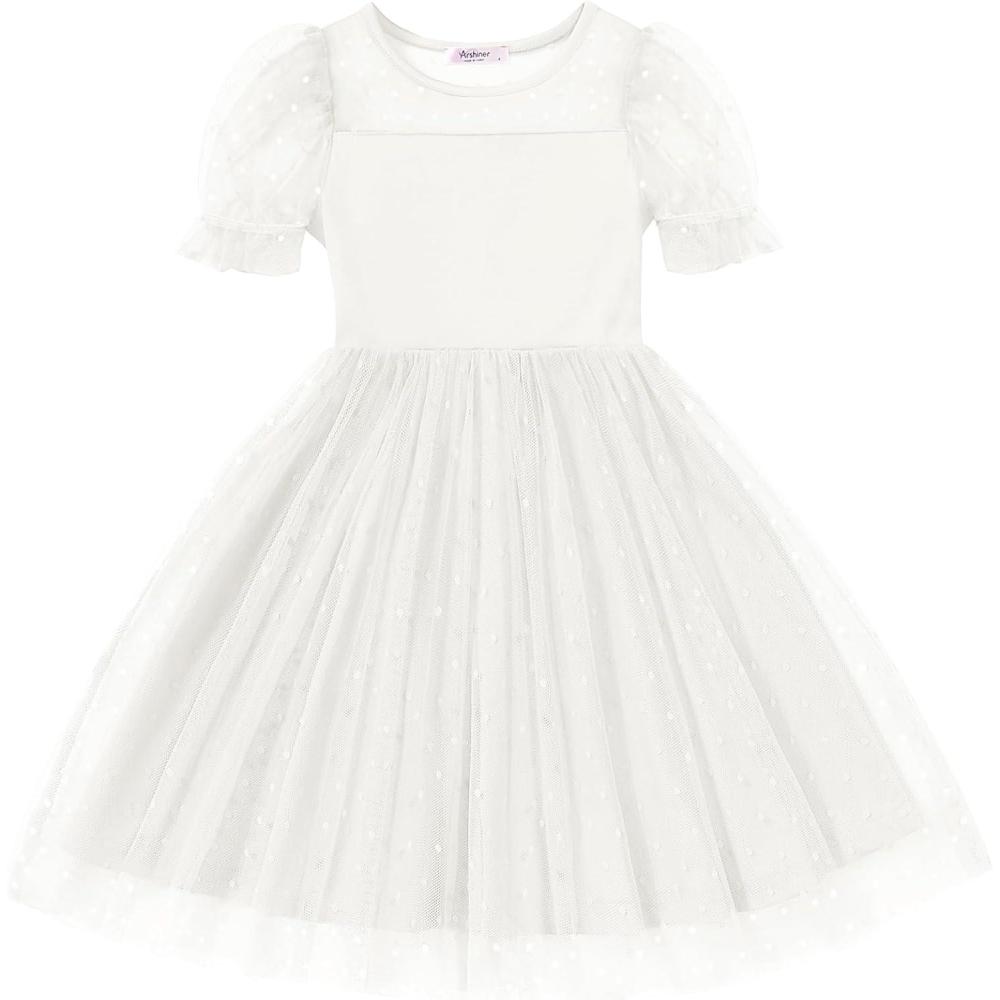imageArshiner Toddler Girls Tulle Summer Puff Sleeve Baby Girls Tutu Princess Party Casual Dress 26YWhite