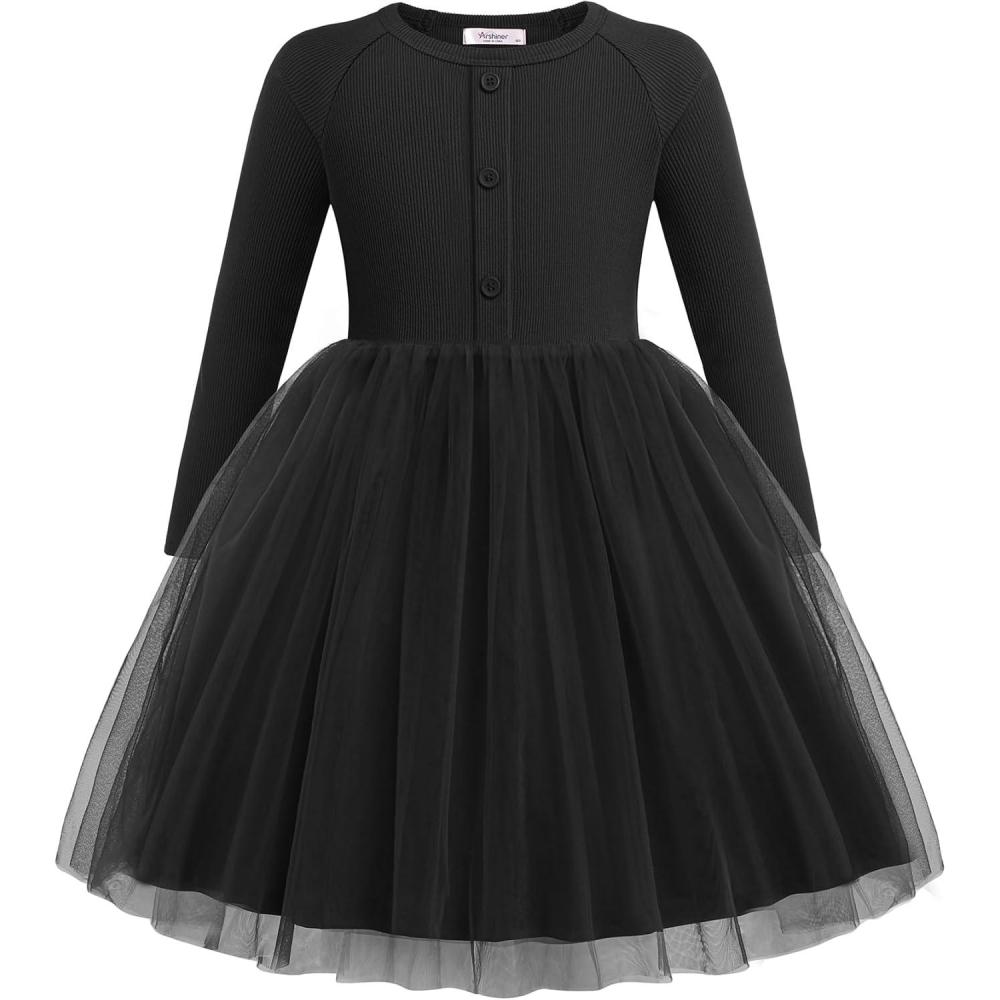 imageArshiner Toddler Girls Tutu Dress Long Sleeve Fall Winter Button Front Party Tulle Dresses 28YBlack
