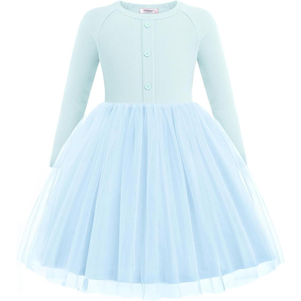 imageArshiner Toddler Girls Tutu Dress Long Sleeve Fall Winter Button Front Party Tulle Dresses 28YBlue