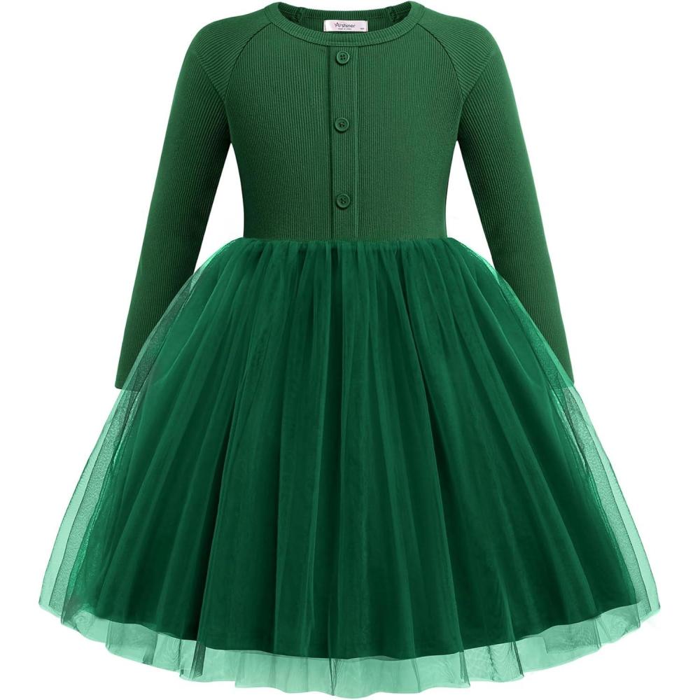 imageArshiner Toddler Girls Tutu Dress Long Sleeve Fall Winter Button Front Party Tulle Dresses 28YGreen