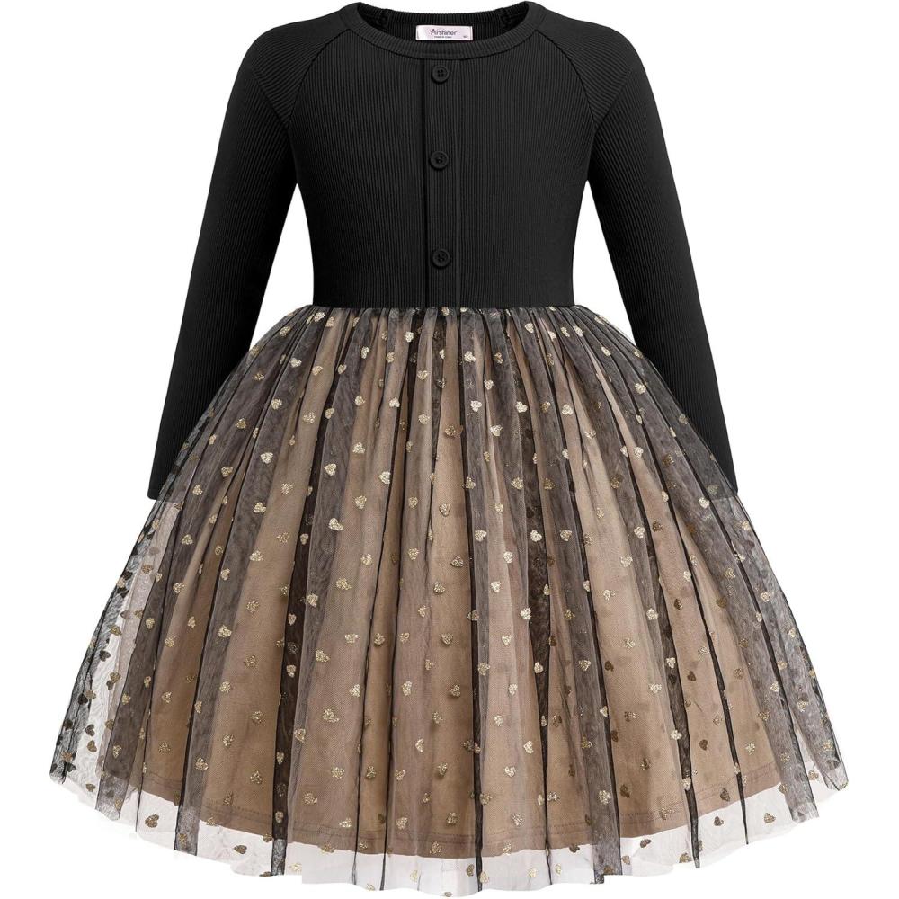 imageArshiner Toddler Girls Tutu Dress Long Sleeve Fall Winter Button Front Party Tulle Dresses 28YHeart Black