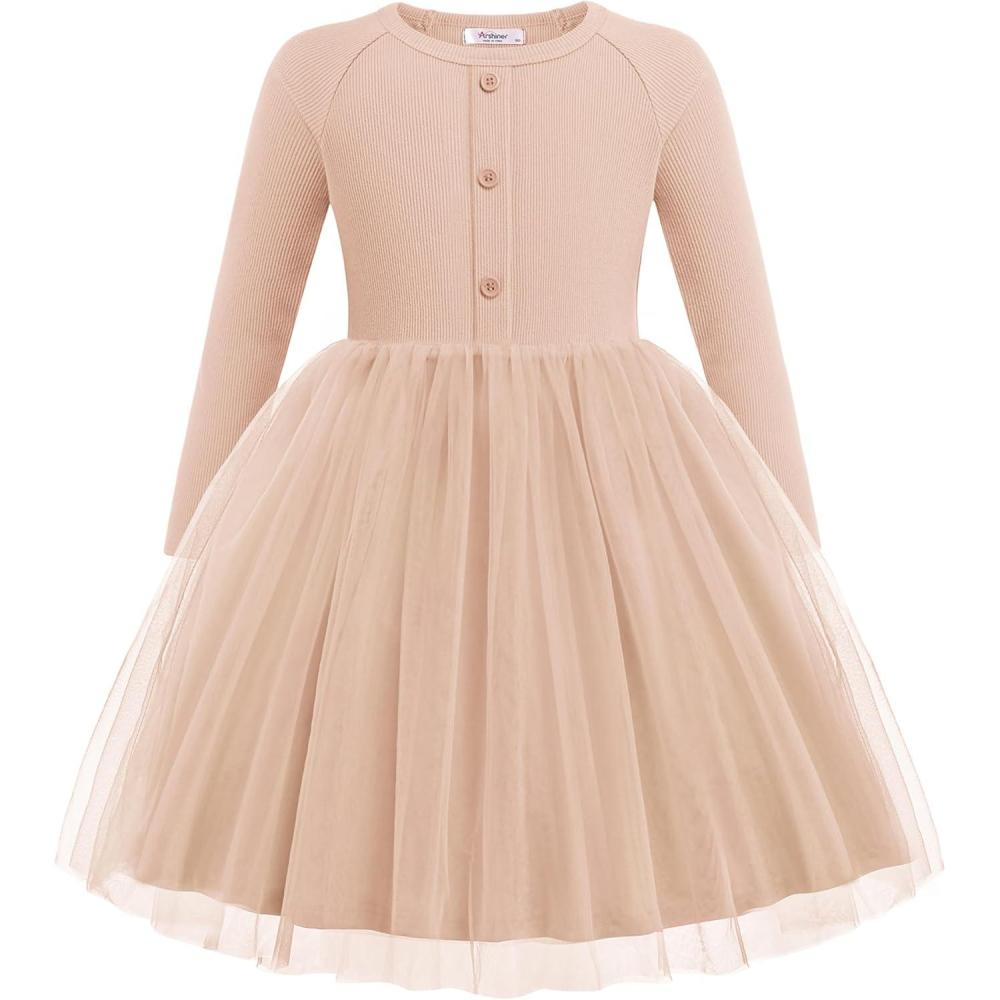 imageArshiner Toddler Girls Tutu Dress Long Sleeve Fall Winter Button Front Party Tulle Dresses 28YKhaki
