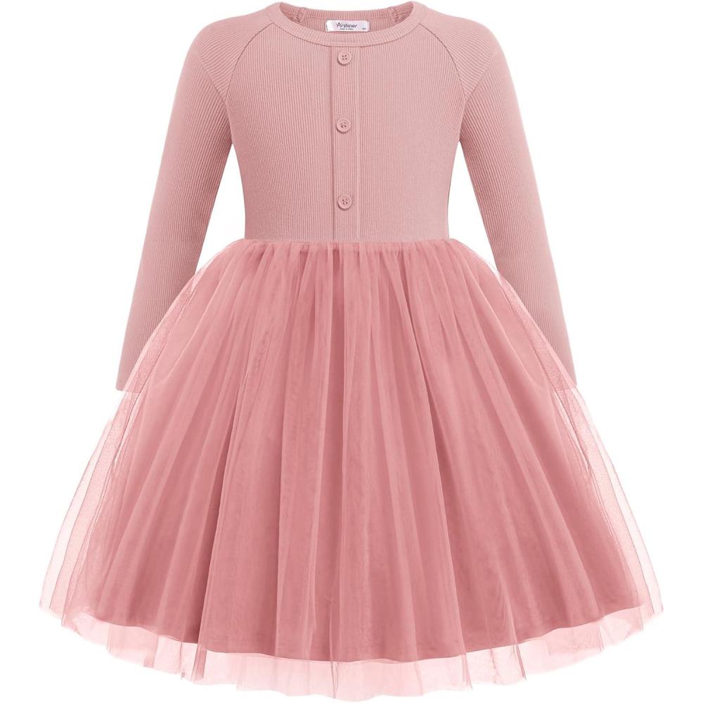 imageArshiner Toddler Girls Tutu Dress Long Sleeve Fall Winter Button Front Party Tulle Dresses 28YPink