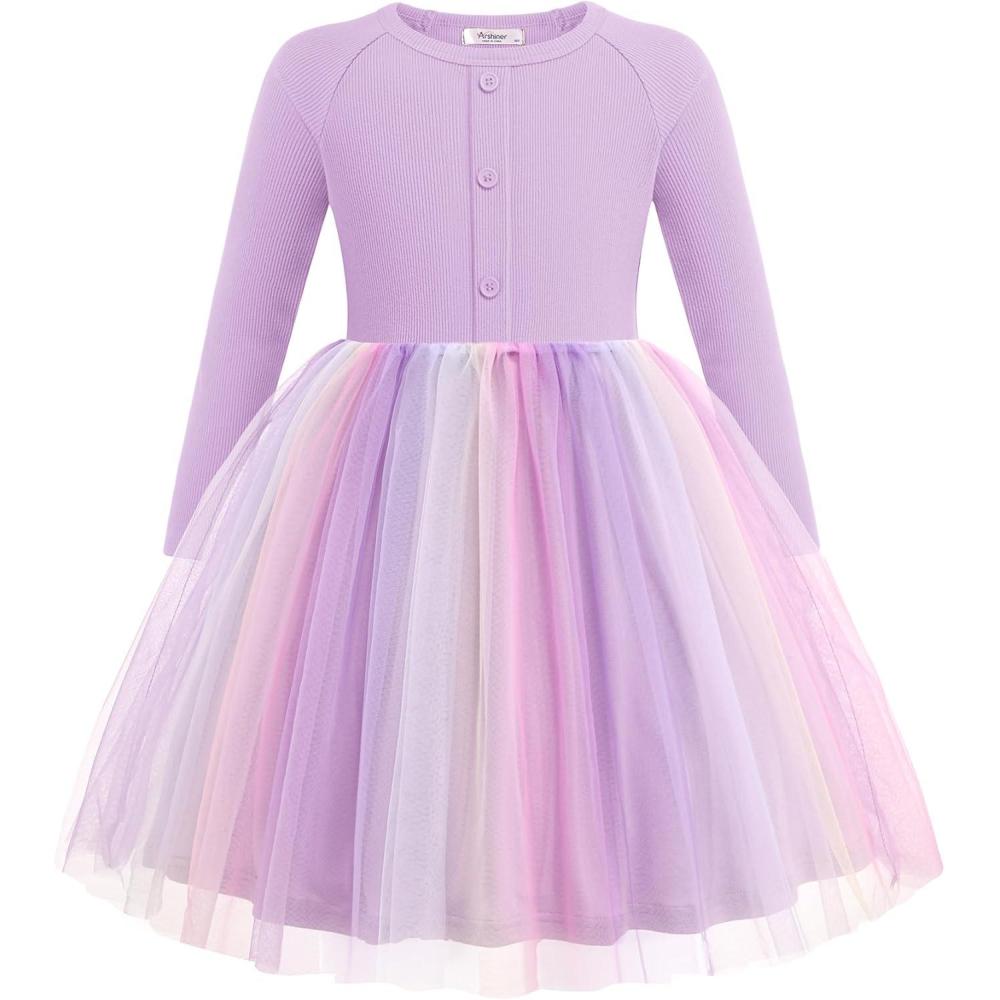 imageArshiner Toddler Girls Tutu Dress Long Sleeve Fall Winter Button Front Party Tulle Dresses 28YRainbow Purple