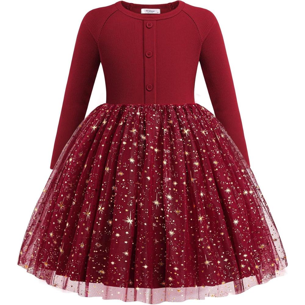 imageArshiner Toddler Girls Tutu Dress Long Sleeve Fall Winter Button Front Party Tulle Dresses 28YStar Red