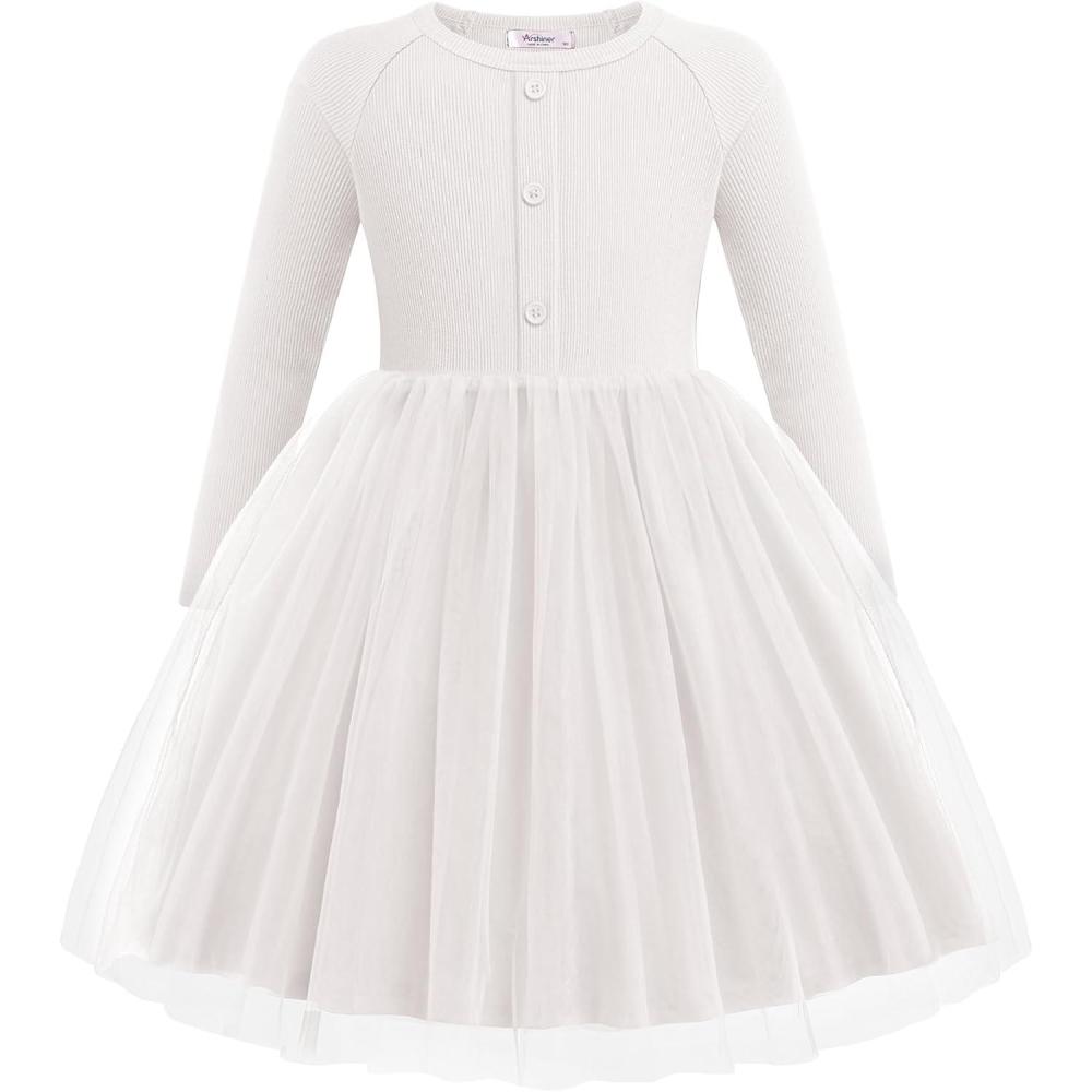 imageArshiner Toddler Girls Tutu Dress Long Sleeve Fall Winter Button Front Party Tulle Dresses 28YWhite
