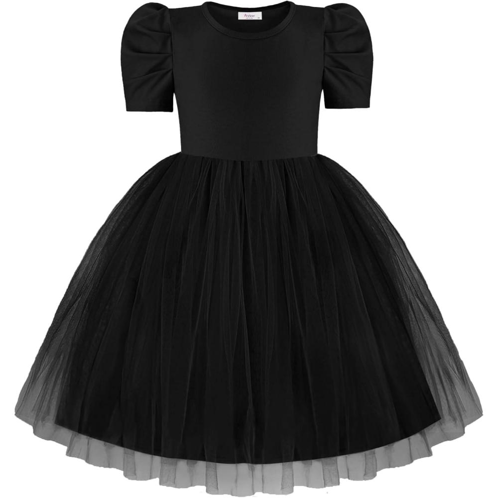imageArshiner Toddler Girls Tutu Dresses Party Formal Birthday Summer Puff Short Sleeve Tulle Little Girls DressBlack